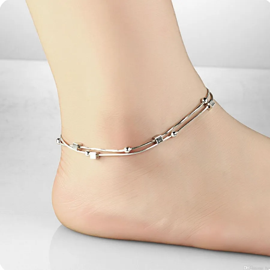 پابند نقره زنانه دو زنجیری مکعبی